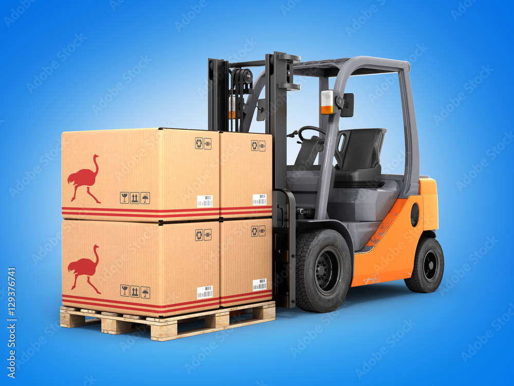 Forklift truck with boxes on pallet on blue gradient background Forklift truck with boxes on pallet on blue gradient background
