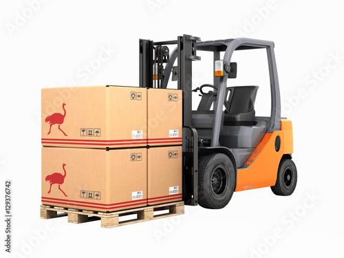 Forklift truck with boxes on pallet without shadow 3d