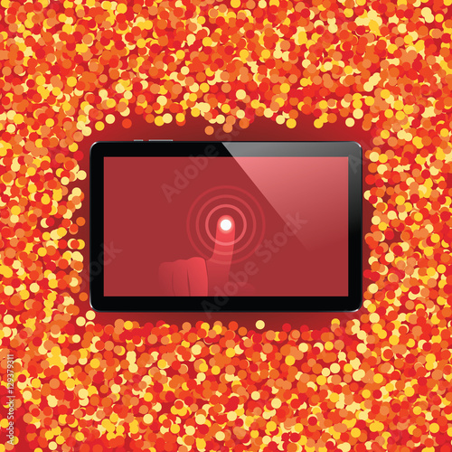 Digital tablet with shiny sensor screen with touch hand. Electronic smart device