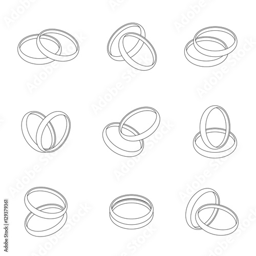 Wedding ring outline half round style compose design illustration 3d black and white set and isolated on white background, vector eps10