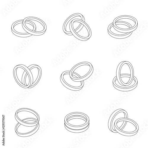 Wedding ring outline flat style compose design illustration 3d black and white set and isolated on white background, vector eps10