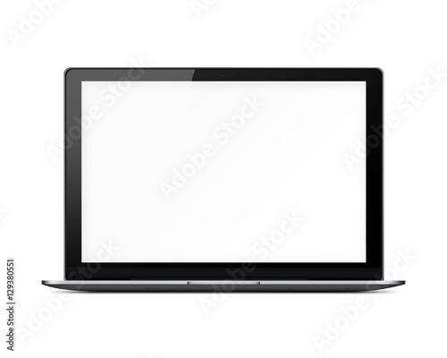 Modern glossy laptop with blank white screen and shadows isolated on white background. 3D illustration. 