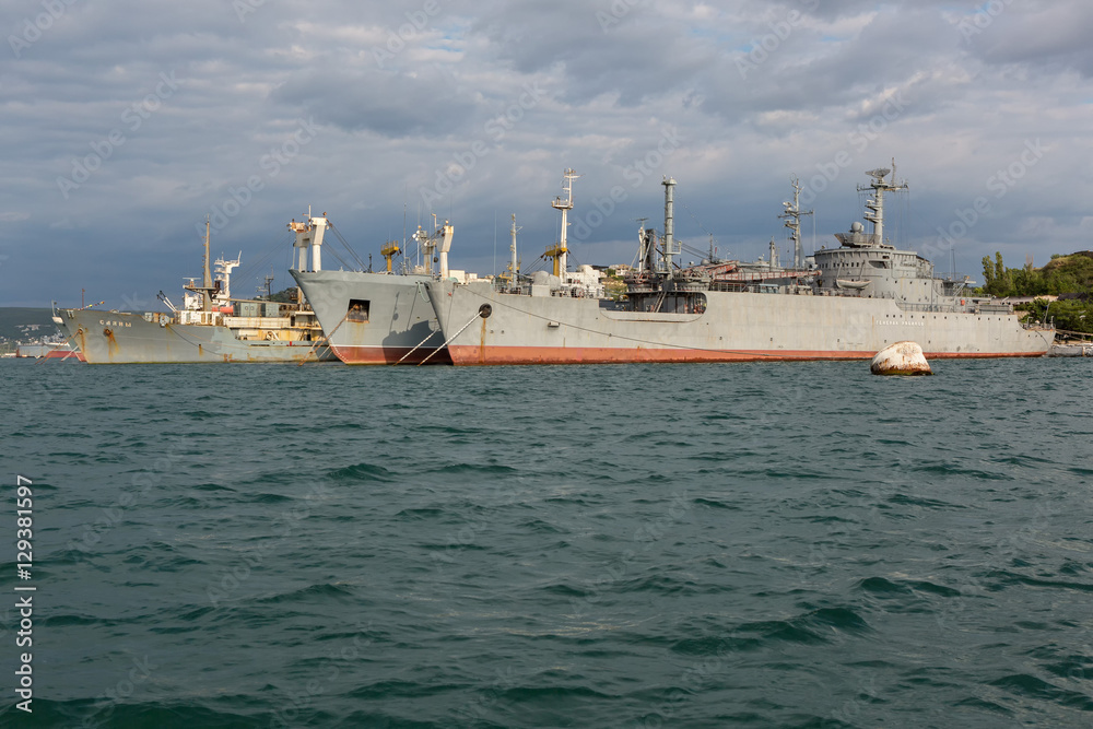 Black Sea Fleet warships are on the quay of the Sevastopol Bay.