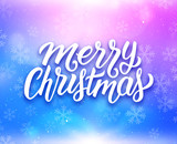 Merry Christmas greeting card with magic light and snowflakes on colorful blue-purple background. Vector design with lettering for winter holidays