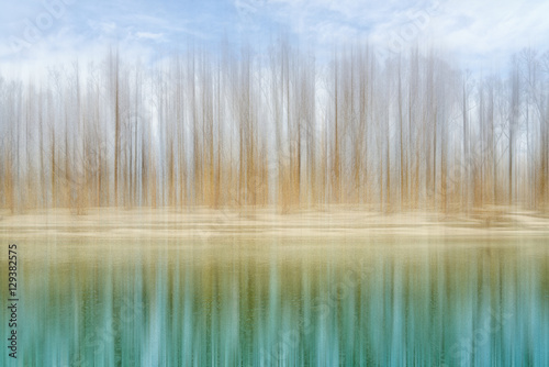 Abstract Winter trees on a river bank reflecting into water
