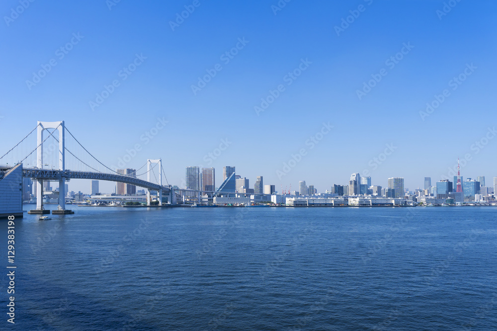 東京タワーとレインボーブリッジ　都心のビル群　快晴青空と東京湾の青い海　大空コピースペース