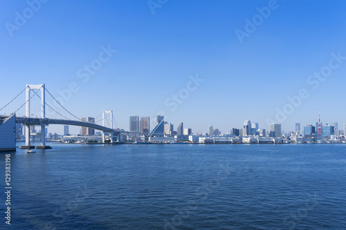 東京タワーとレインボーブリッジ 都心のビル群 快晴青空と東京湾の青い海 大空コピースペース
