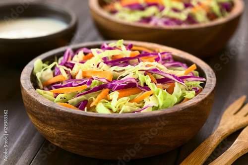 Fresh coleslaw, a salad made of shredded red and white cabbage and carrots, photographed with natural light (Selective Focus, Focus one third into the salad)