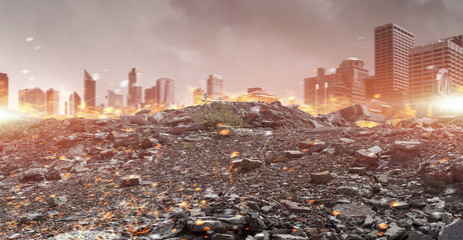 Disaster in city concept . Mixed media