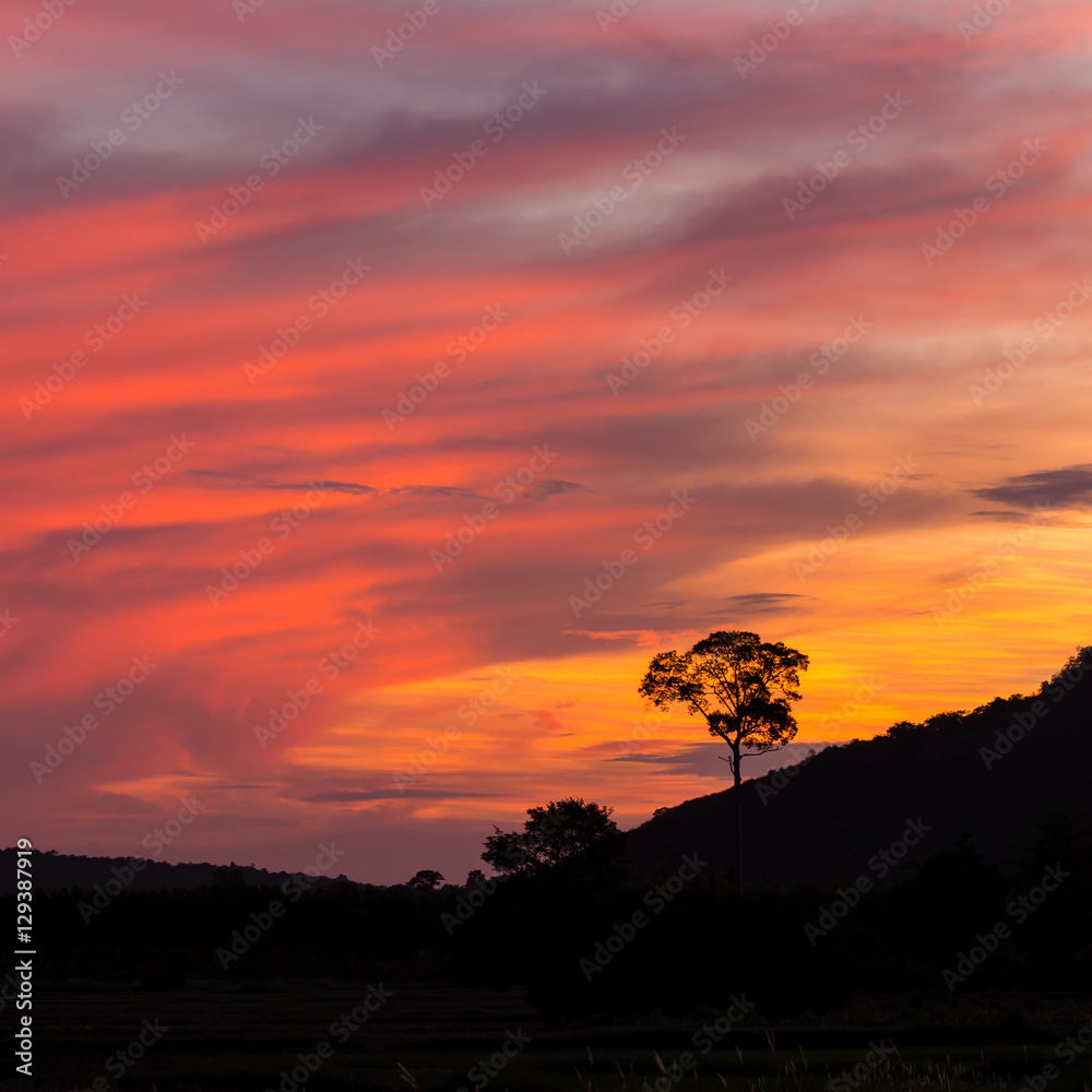 beautiful sunrise sky over the hill in countryside of thailand