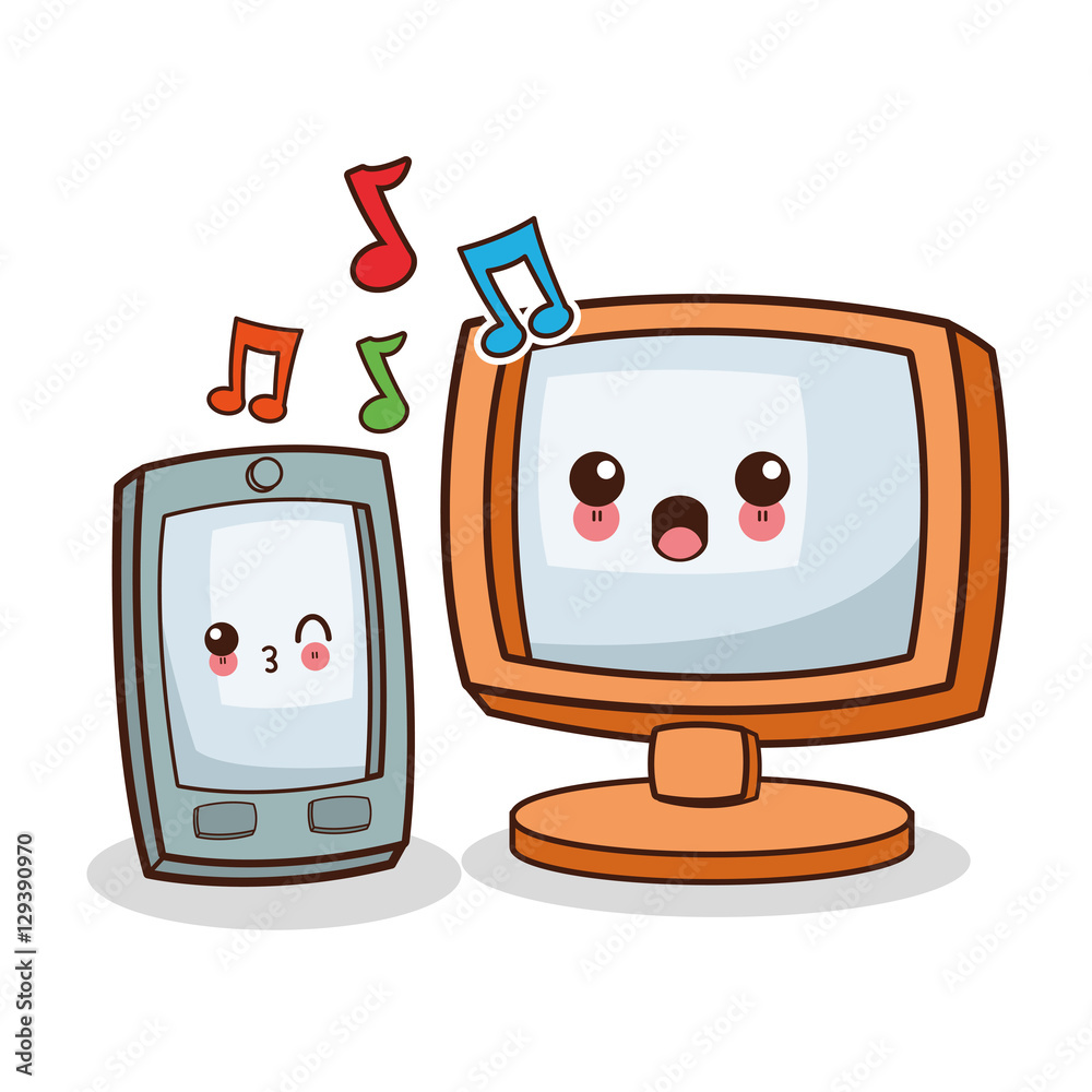 Kawaii computer and smartphone cartoon icon. Device technology and