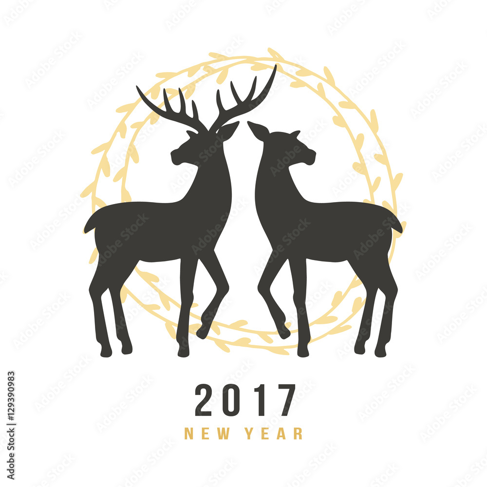 New Year 2017 greeting card with hand drawn deers