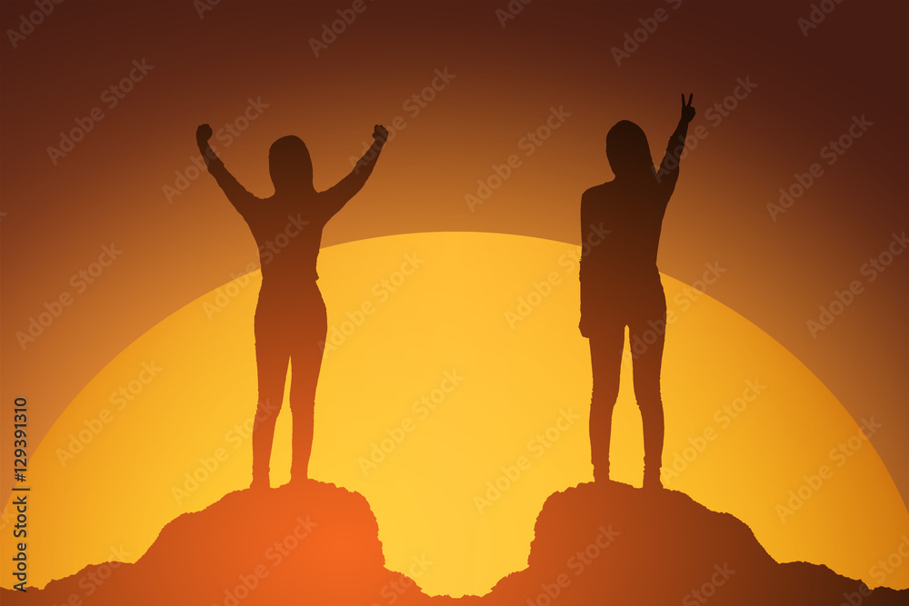 silhouette of winning success woman at sunset or sunrise standing and raising up her hand in celebration of having reached mountain top summit goal.business success concept.do it for success concept