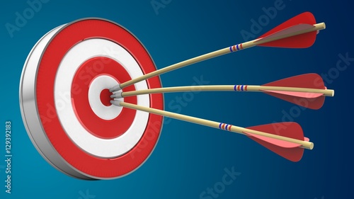 3d illustration of arrows with target over blue background