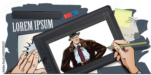 Confident a private detective. Hand paints picture.