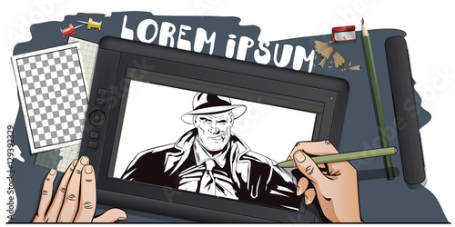 Confident a private detective. Hand paints picture.