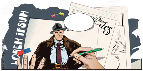 Confident a private detective. Hand paints picture.