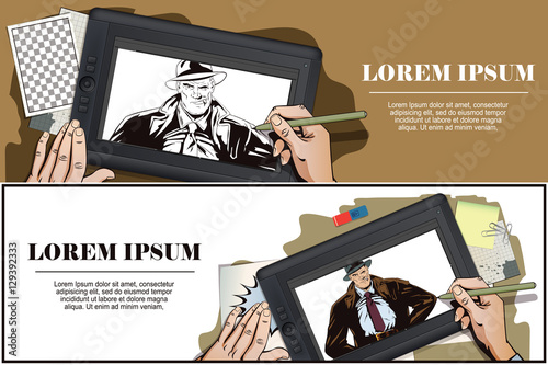 Confident a private detective. Hand paints picture.