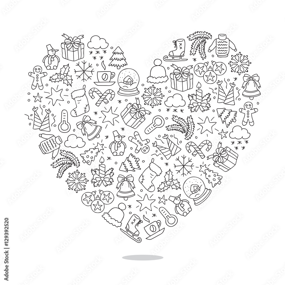 Winter icons in the form of a large heart Winter icons in the form of a large heart