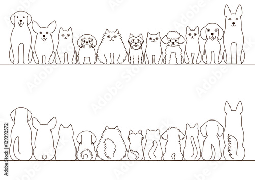 cats and dogs border set, front view and rear view, line art