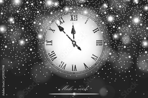 New Year and Christmas concept with vintage clock black and white style. Vector illustration