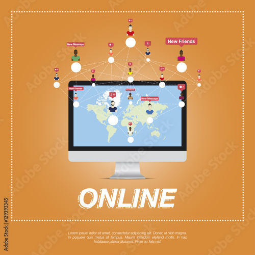 Online city, people communicate in a network.