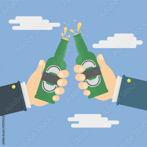 hands holding the beer bottles. vector illustration in flat style