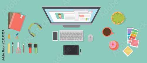 Designer desk mockup. Desk with computer screen, tablet and drawing tools.