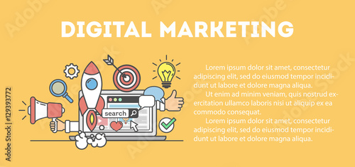 Digital marketing concept. Social network and media communication. SEO, SEM and promotion.