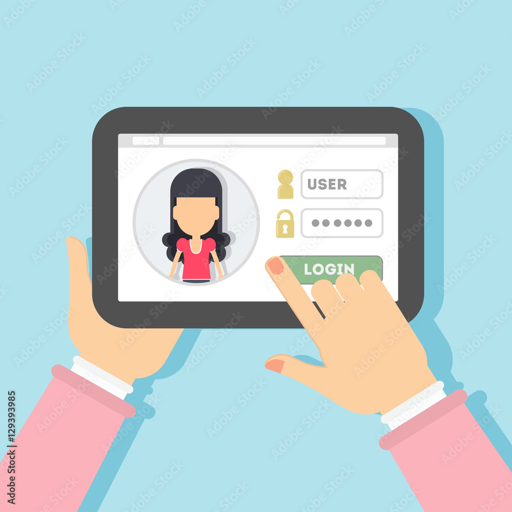 Login and password. Log in into my profile. Hands holding tablet. girl Social network account. Login and password. Log in into my profile. Hands holding tablet. girl Social network account.