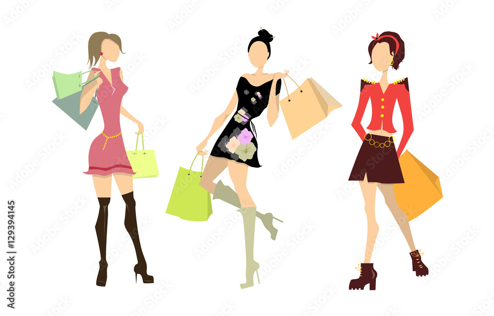 Shopping women set. Elegant, young and slim women in different outfits with colorful shopping bags on white background. Shopping women set. Elegant, young and slim women in different outfits with colorful shopping bags on white background.