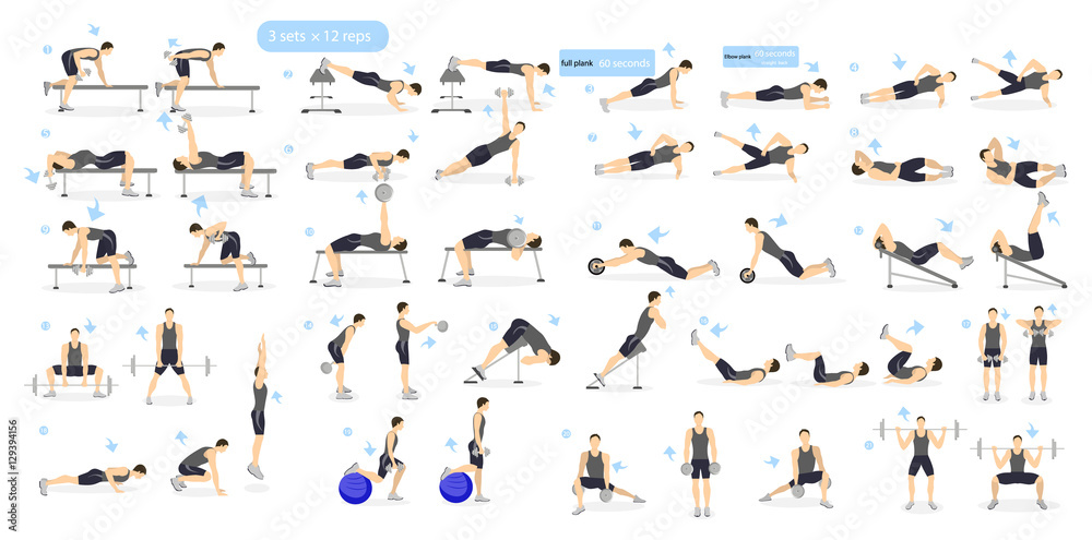 Vecteur Stock Workout man set. Male doing fitness and yoga exercises. Lunges  and squats, plank and abc. Full body workout. | Adobe Stock