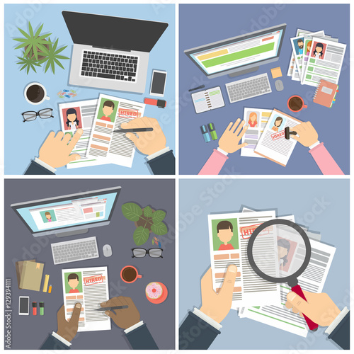 Supervising and accepting resume set. Director considering cv, finding new staff. Office desktop topview.