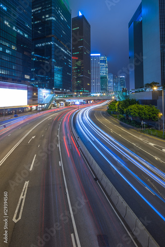 Traffic light trails in downtown of Hong Kong China.