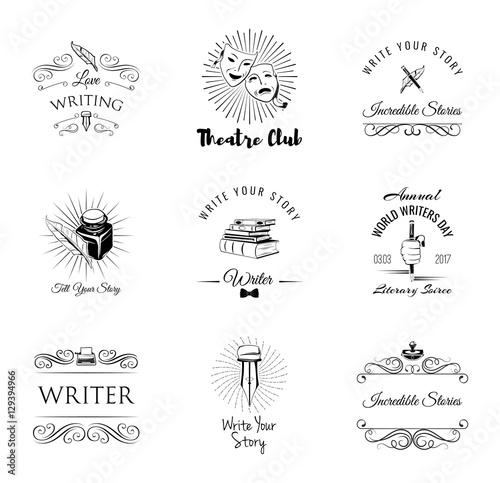 Theatre, writer, literature. Set of Labels and badges