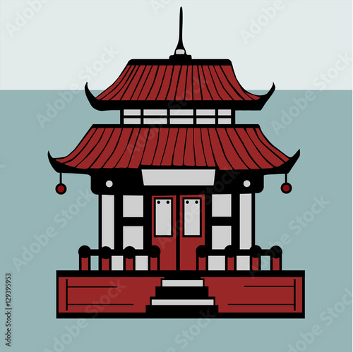 East Asian illustration of a temple or pagoda, Buddhist, Hindu  cult and religious structure with a roof, foundations, doors in red
