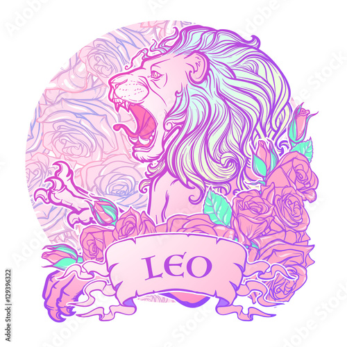 Zodiac sign of Leo with a decorative frame of roses. Astrology concept art. Tattoo design. Sketch in pastel pallette isolated on white background. EPS10 vector illustration.
