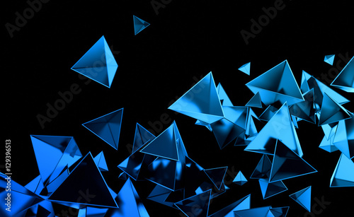 Abstract 3d rendering of chaotic low poly shapes. Flying polygonal pyramids in empty space. Futuristic background. Poster design.