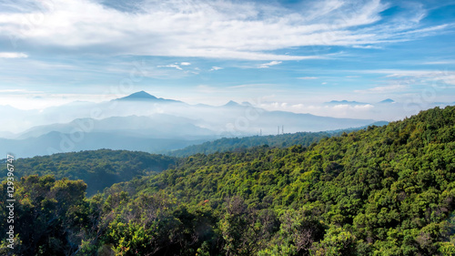 View of large area of forest  followed by misty hill and mountain  beautifully layered  seen from Tangkuban Perahu Summit  Indonesia