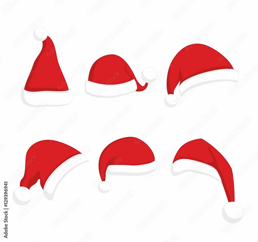 Santa Claus red hat set. Christmas clothes holiday elements on white background Santa Claus red hat set. Christmas clothes holiday elements on white background