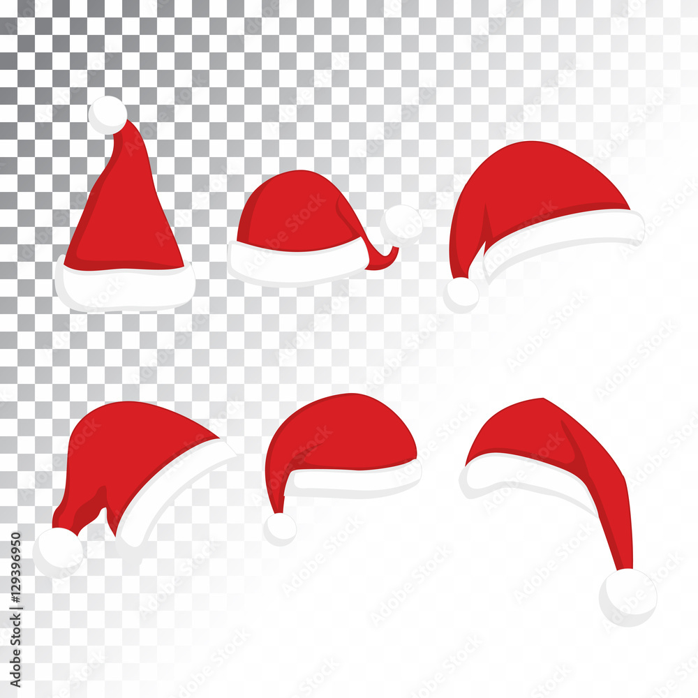 Santa Claus red hat set. Christmas clothes holiday elements on transparent effect background Santa Claus red hat set. Christmas clothes holiday elements on transparent effect background