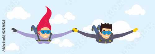 Vector characters skydivers man and woman. Paratroopers flying in the blue sky.