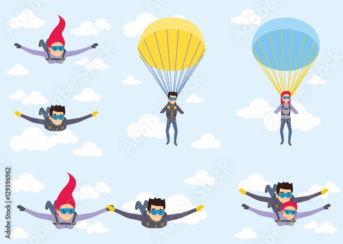 Skydiver man and woman flying in the blue sky. Set of parachutist characters with paratrupers