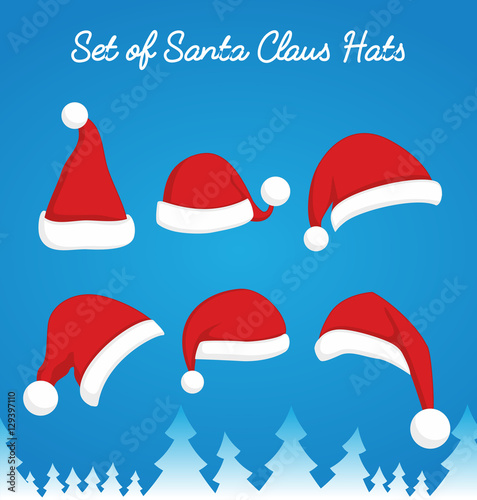Santa Claus red hat set. Christmas clothes holiday elements on blue background