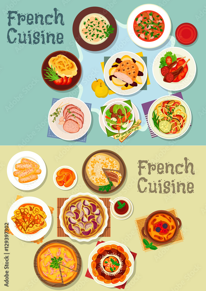 French cuisine meat and dessert dishes icon set