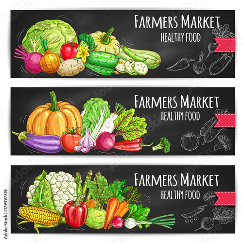 Farmers vegetables market vector sketched banners
