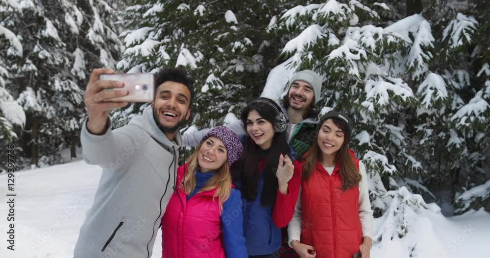 Group Of People Winter Snow Forest Walking Smiling Friends Taking Selfie Photo In Snowy Park Slow Motion 60
