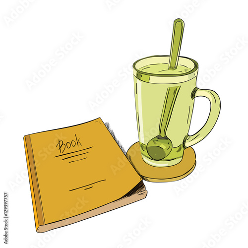 Color sketch books and cups with a spoon