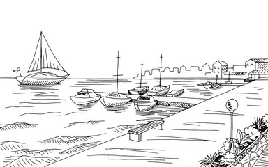 Fotobehang Pier Pier en jacht zwart-wit illustratie  © aluna1