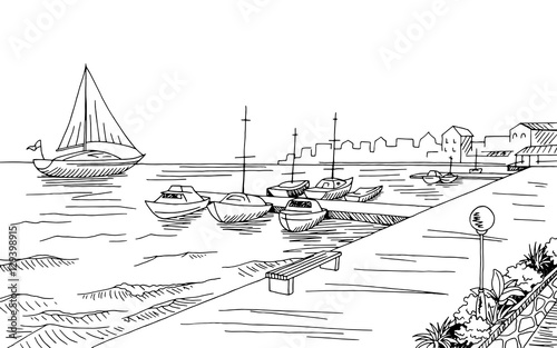 Seafront pier graphic yacht black white landscape sketch illustration vector